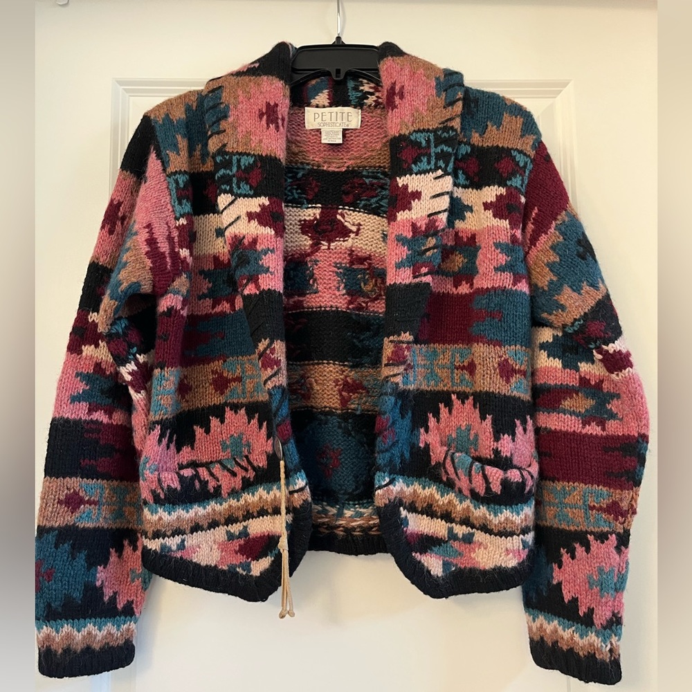 Sweater jacket western - Size Petite- missing 1 button and tassel 100% wool